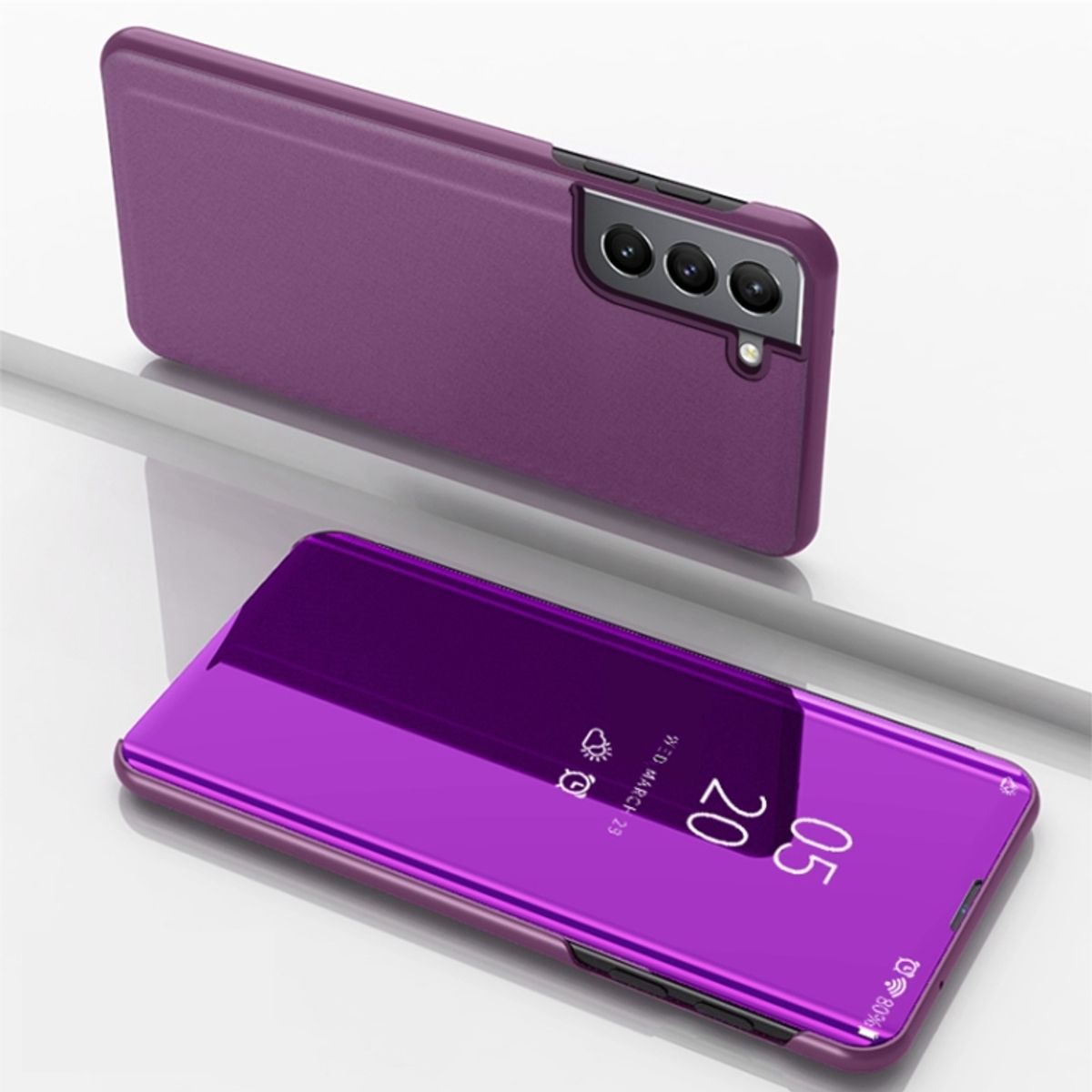 Lila Handyhülle mit lila Handy innen, reflektiert Licht. Die Hülle liegt auf glänzender Oberfläche.