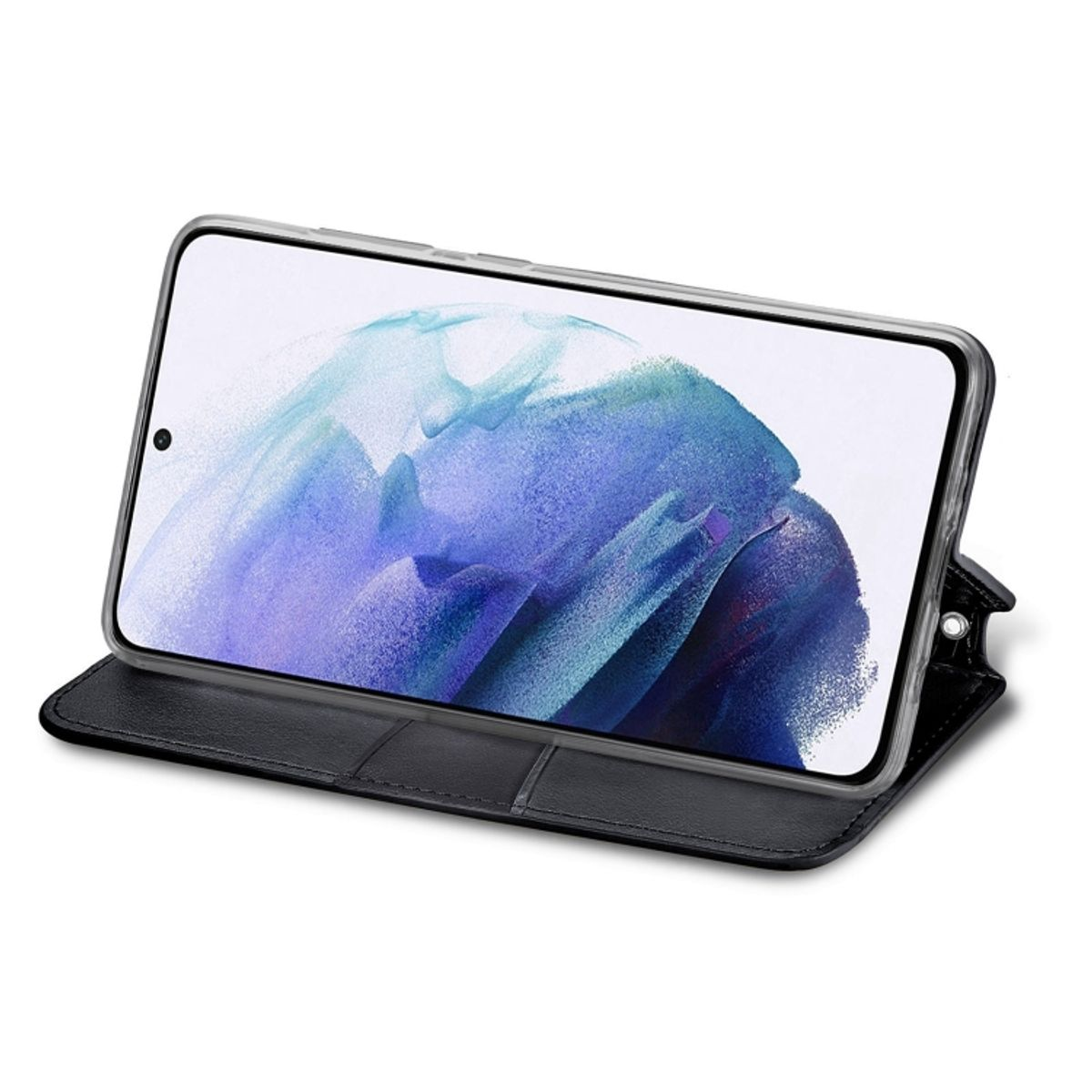 Schwarze Handyhülle geöffnet mit einem Telefon darin.