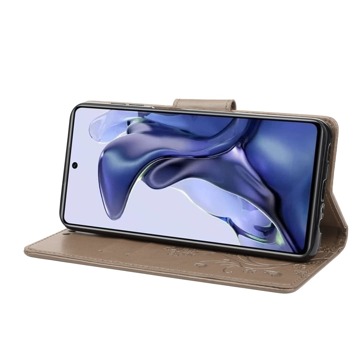 Braune Handyhülle mit Display. Telefonbildschirm zeigt lila Bild.
