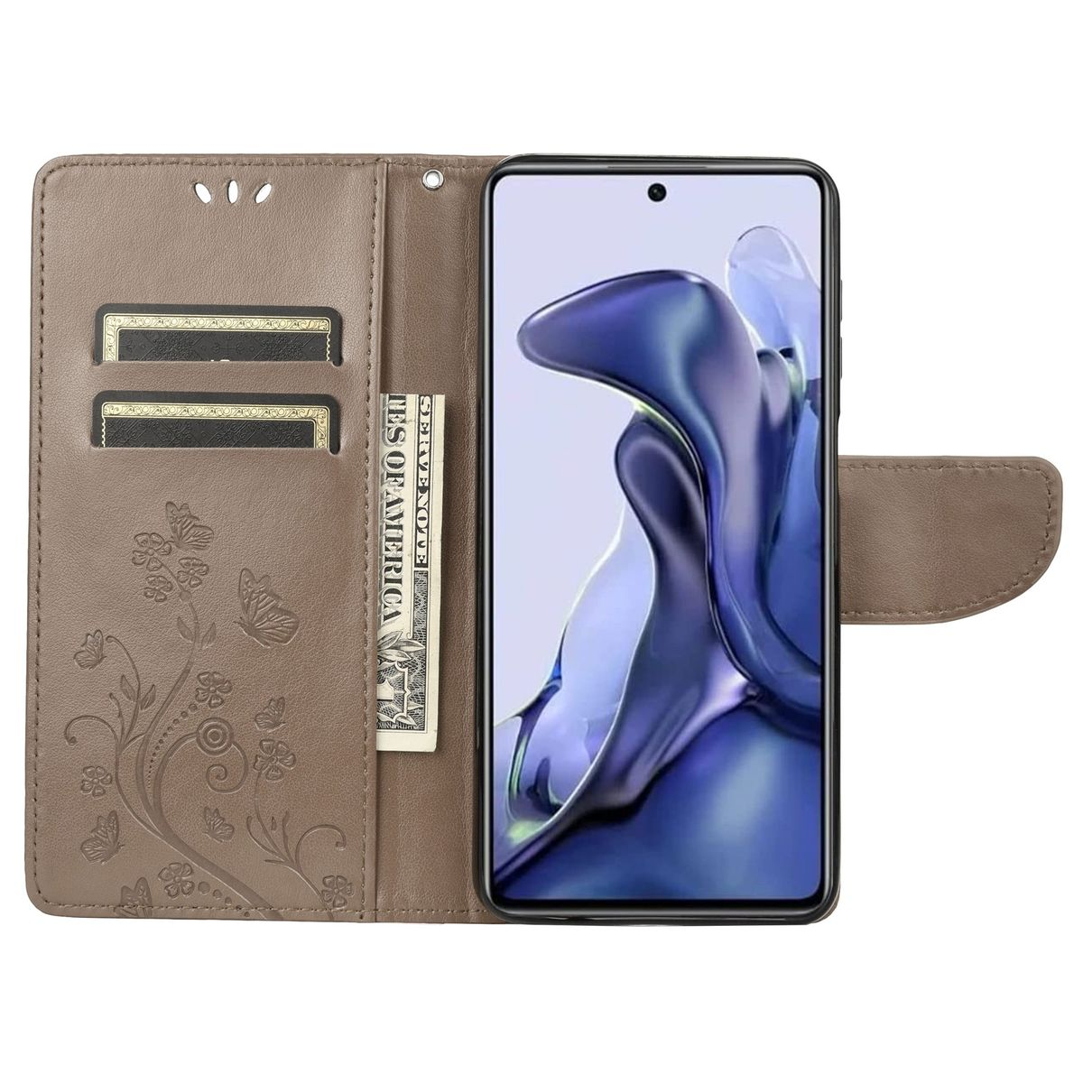 Braune Handyhülle mit Blumendesign, einem Telefon und einem Dollarnoten.