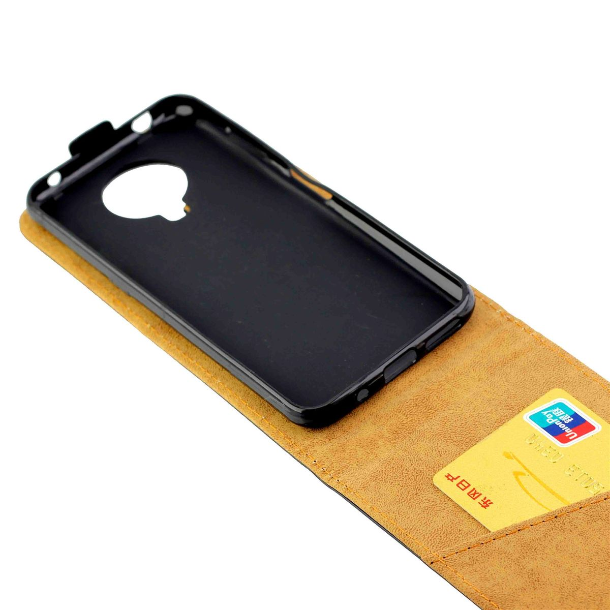 Schwarze Handyhülle mit braunem Cover und Kartenfach.