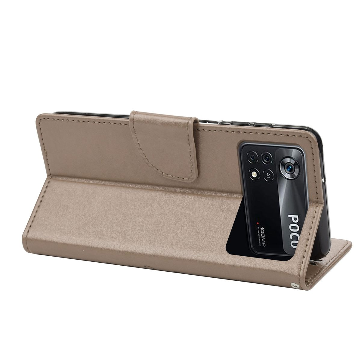 Beige Handyhülle mit einem Telefon darin, offen. Das Telefon hat eine Kamera auf der Rückseite.
