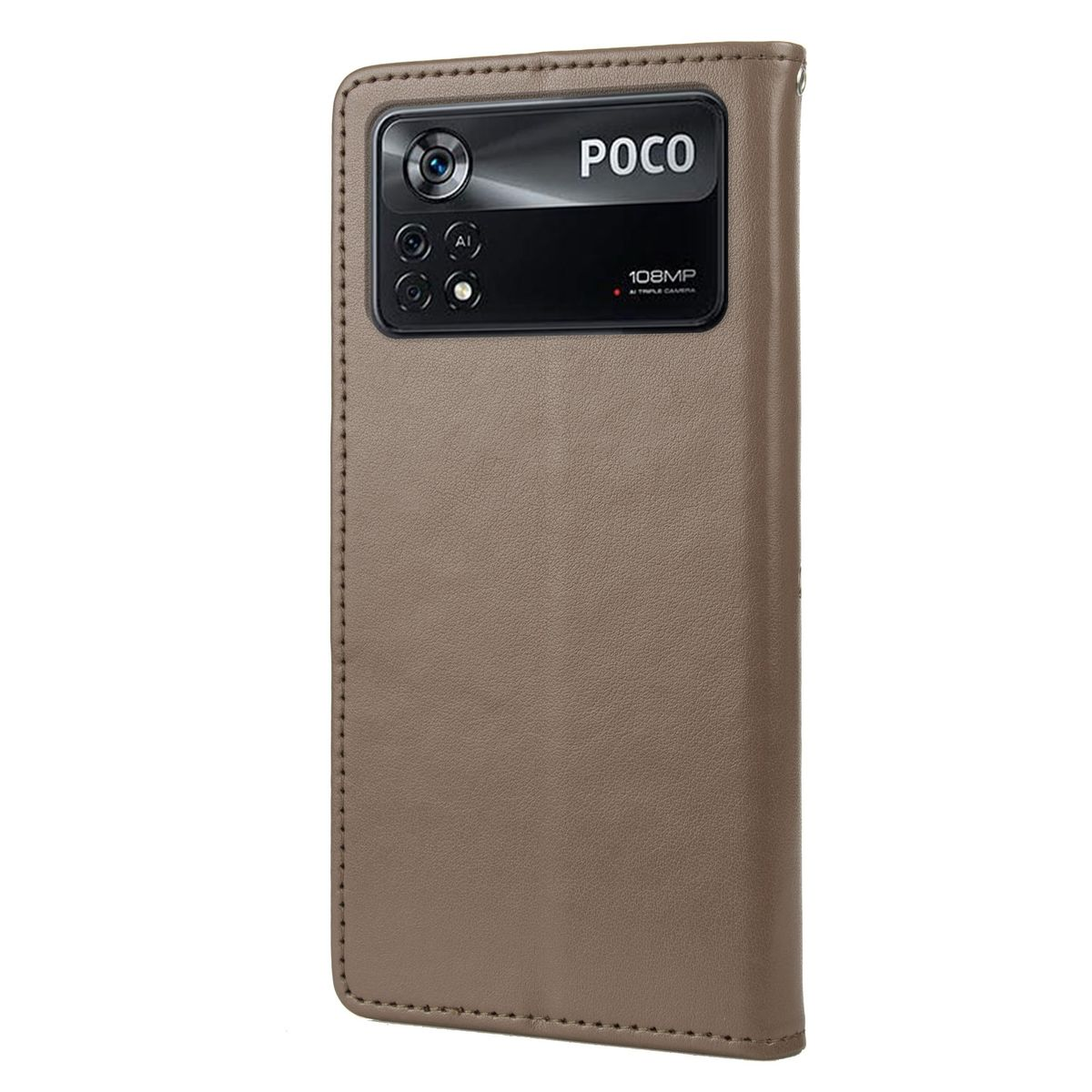 Braune Handyhülle geschlossen, zeigt das Telefon. Text: POCO 108MP AI Kamera.