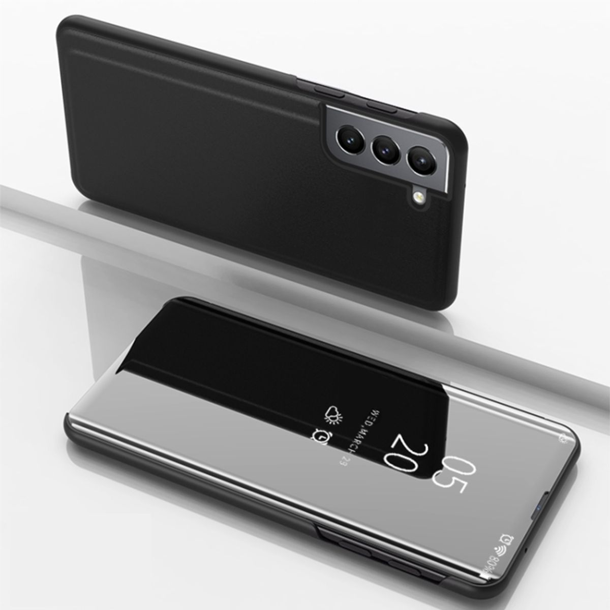 Schwarze Handyhülle und Telefon. Der Bildschirm zeigt Uhrzeit und Datum. Reflektierende Oberfläche, Produktaufnahme.