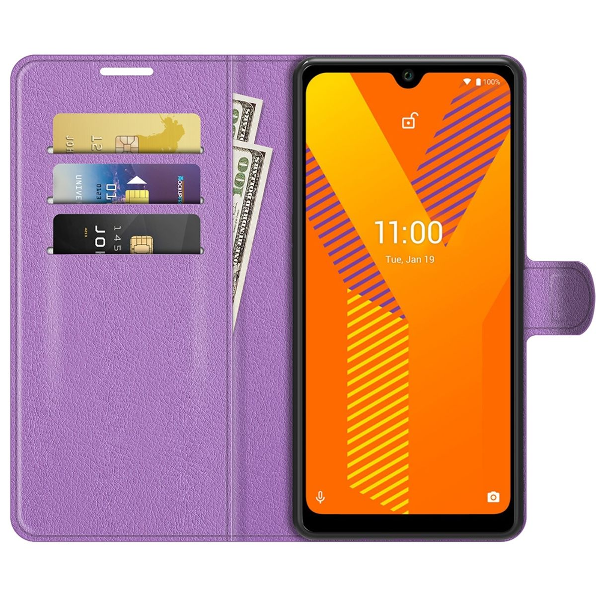 Lila Handyhülle. Geöffnet, mit Karten und Geld darin. Telefon zeigt Zeit und orangefarbenen Hintergrund.