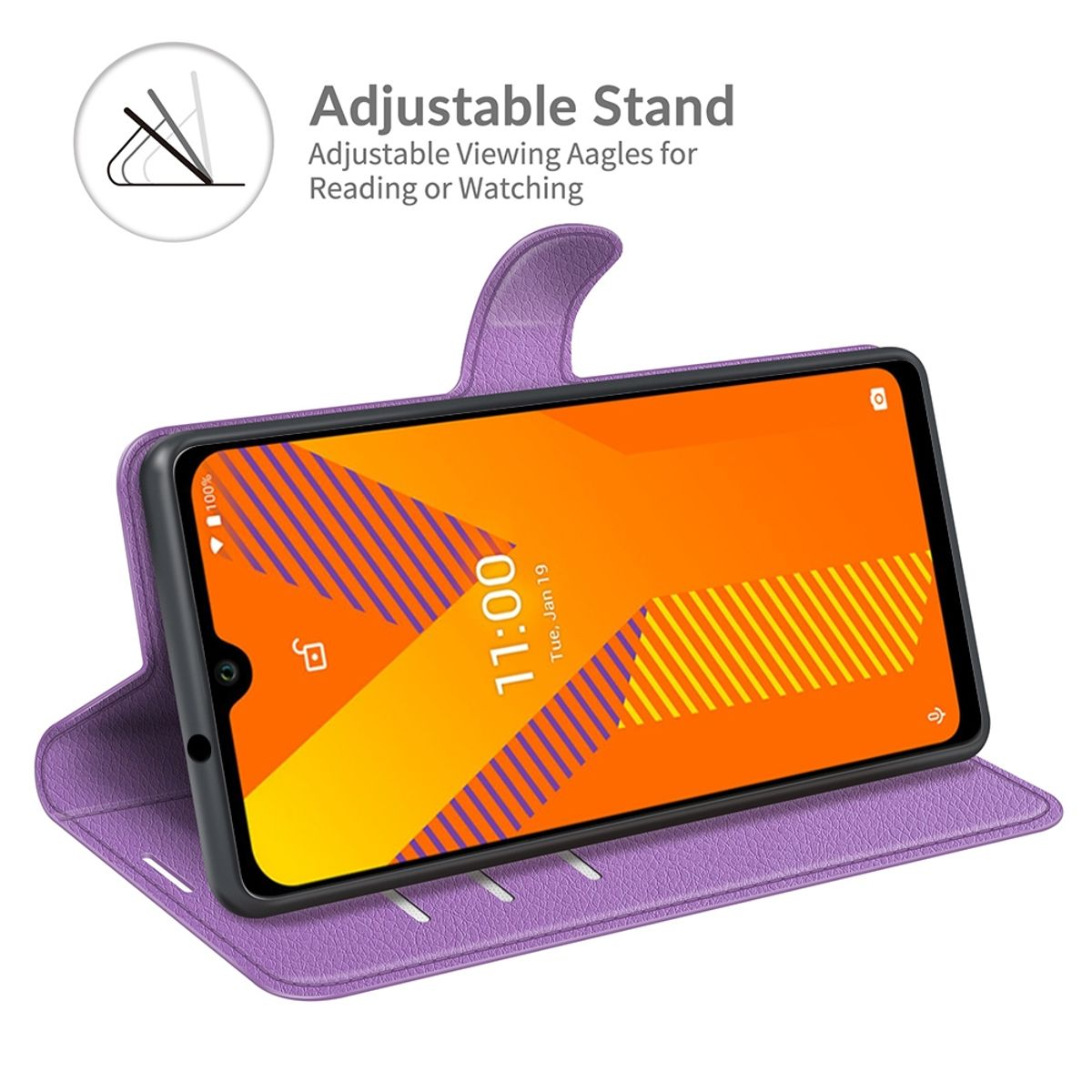 Lila Handyhülle mit Telefon. Der Bildschirm zeigt einen orangefarbenen Hintergrund mit Linien. Illustration zeigt einen verstellbaren Ständer.