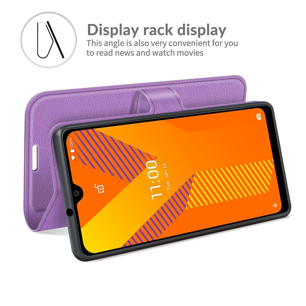 Eine lila Handyhülle mit einem Telefon darin. Das Telefon zeigt einen orange-gelben Bildschirm mit der Uhrzeit.