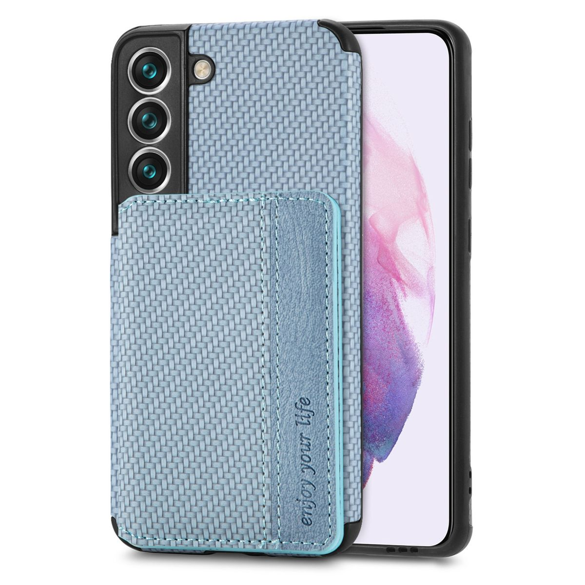 Blaue Handyhülle mit Kartenhalter. Das Telefon liegt auf einer hellen Oberfläche.