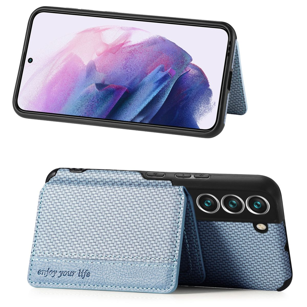 Zwei Handyhüllen. Eine zeigt ein Handy in einer blauen, gewebten Hülle. Die andere liegt offen und zeigt "enjoy your life".