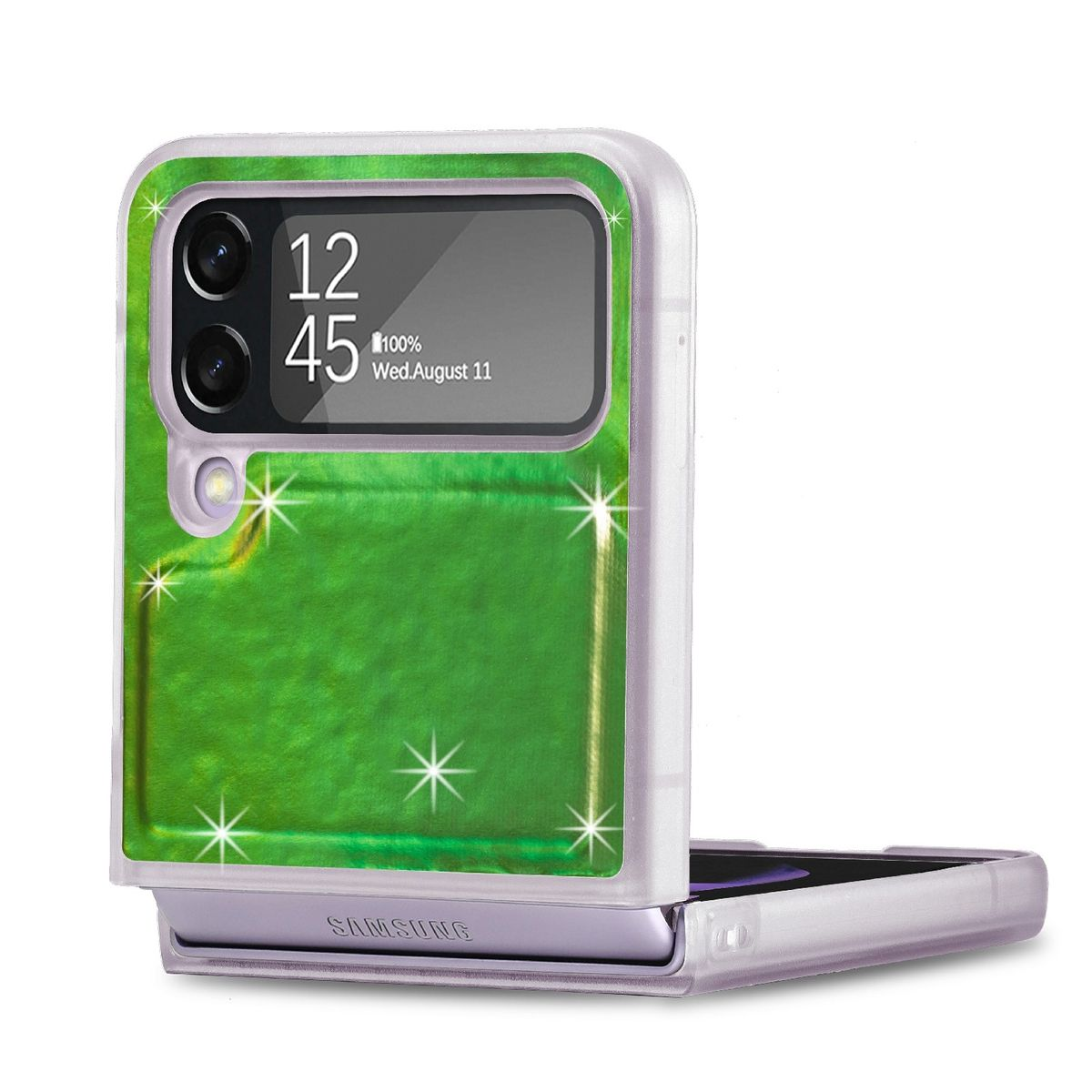 Geöffnete Handyhülle mit grünem Glitzer. Das Telefon ist innen. Zeit ist 12:45, Datum ist Mi, 11. August.