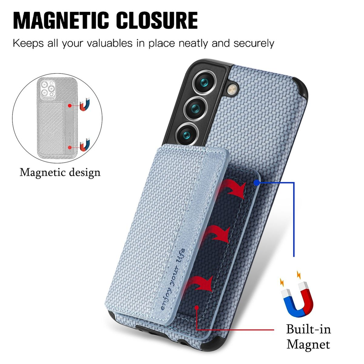 Handyhülle mit Telefon darin. Die Hülle ist hellblau, mit Magnetverschluss und Telefonillustration.