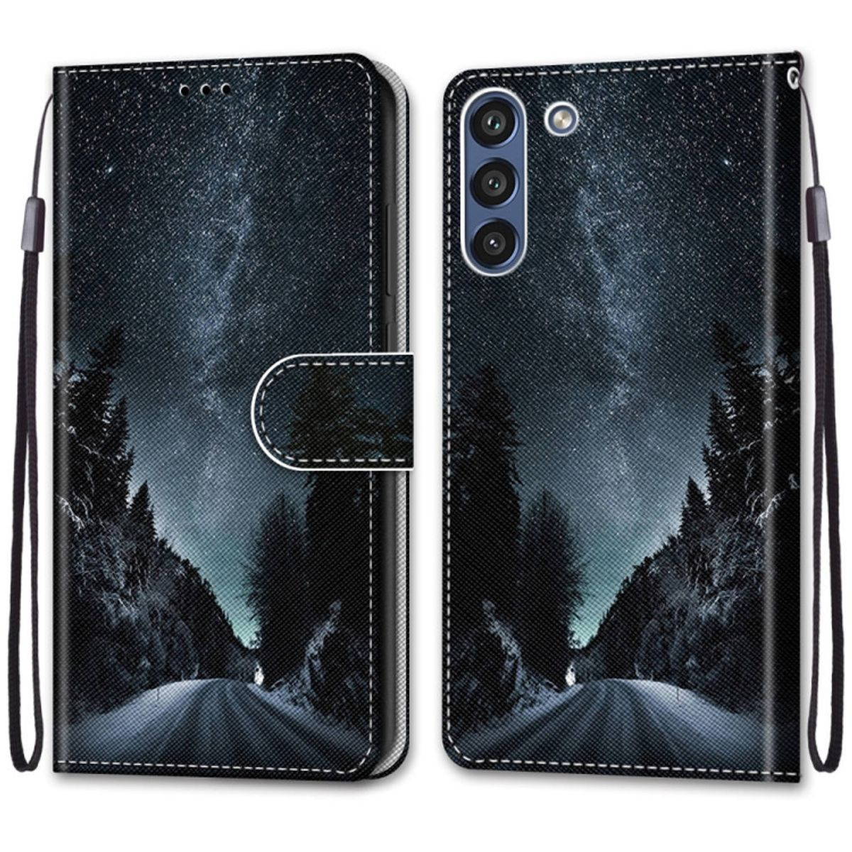 Schwarze Brieftaschen-Handyhülle offen, zeigt eine Straße durch einen Wald bei Nacht und ein Telefon mit dunklem Bildschirm.