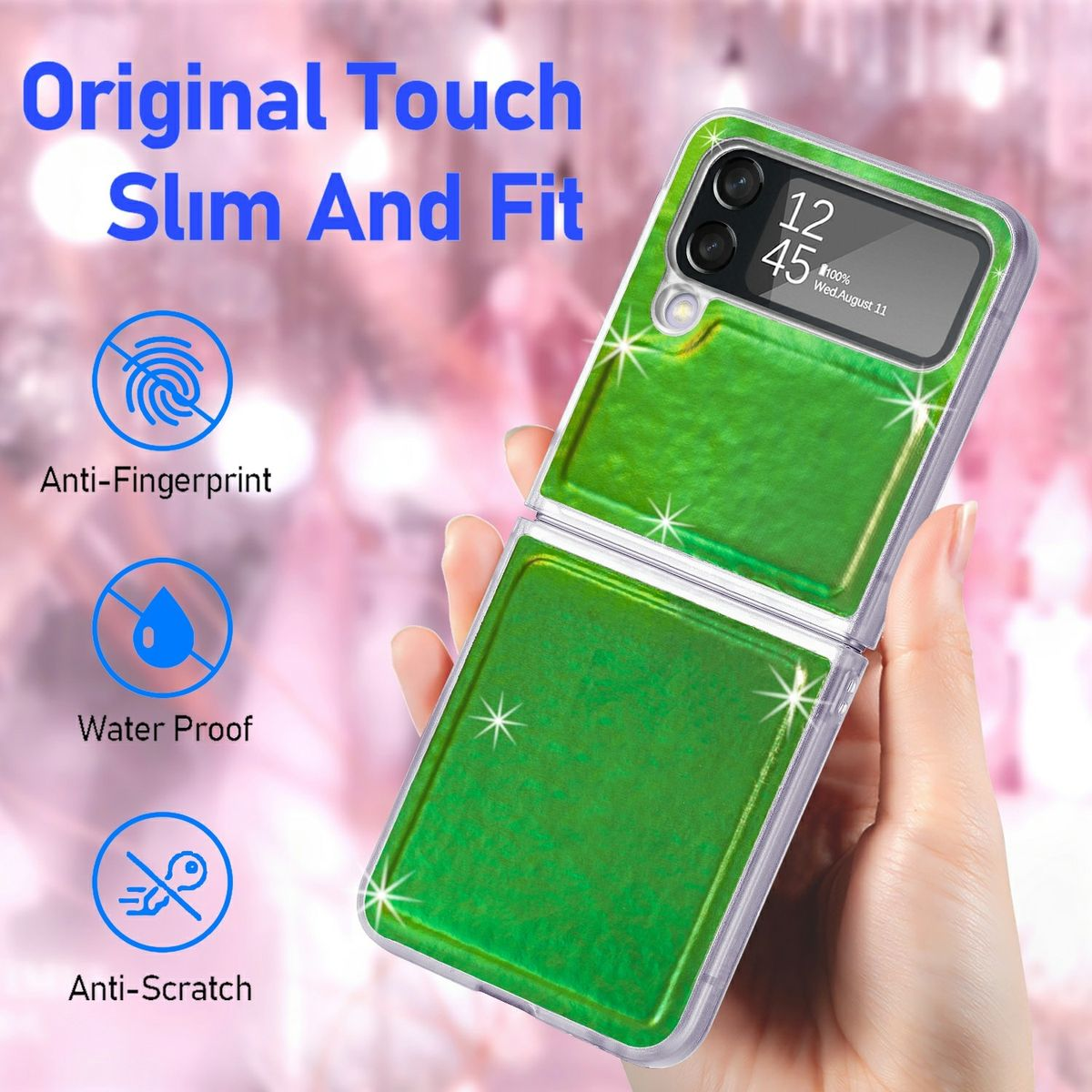 Grüne Flip-Phone-Hülle mit Anti-Fingerabdruck-, wasserdichten und Anti-Kratz-Symbolen.