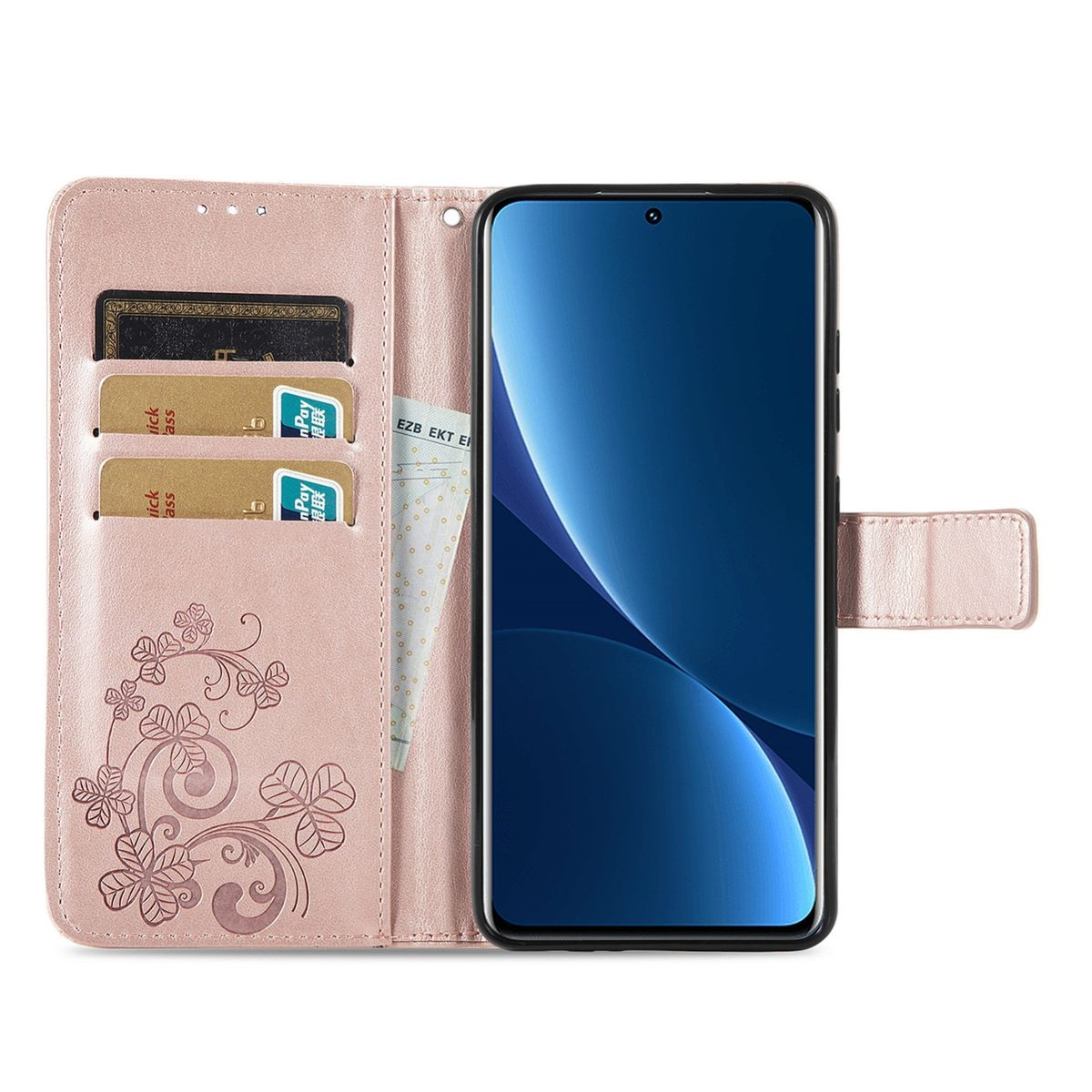 Offene rosa Handyhülle mit Karten und einem Telefon. Das Telefon zeigt ein blaues Farbverlaufbild.
