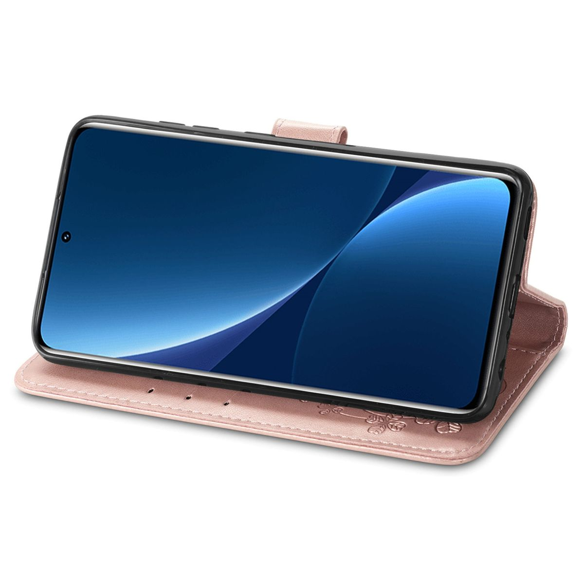 Rosa Handyhülle, offen. Telefon innen, hellrosa. Weißer Hintergrund.