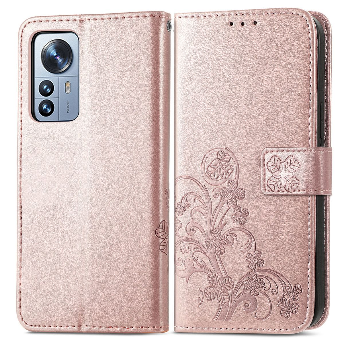 Rosa Handyhülle mit floralem Design und einem Telefon. Der Hintergrund ist weiß.
