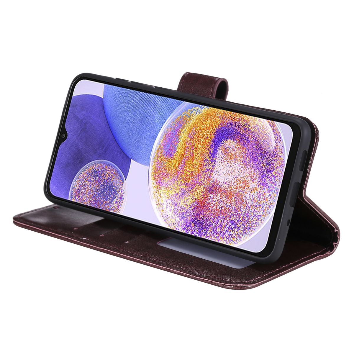 Telefon in brauner Hülle. Bildschirm zeigt violettes Design. Gehäuse ist offen.