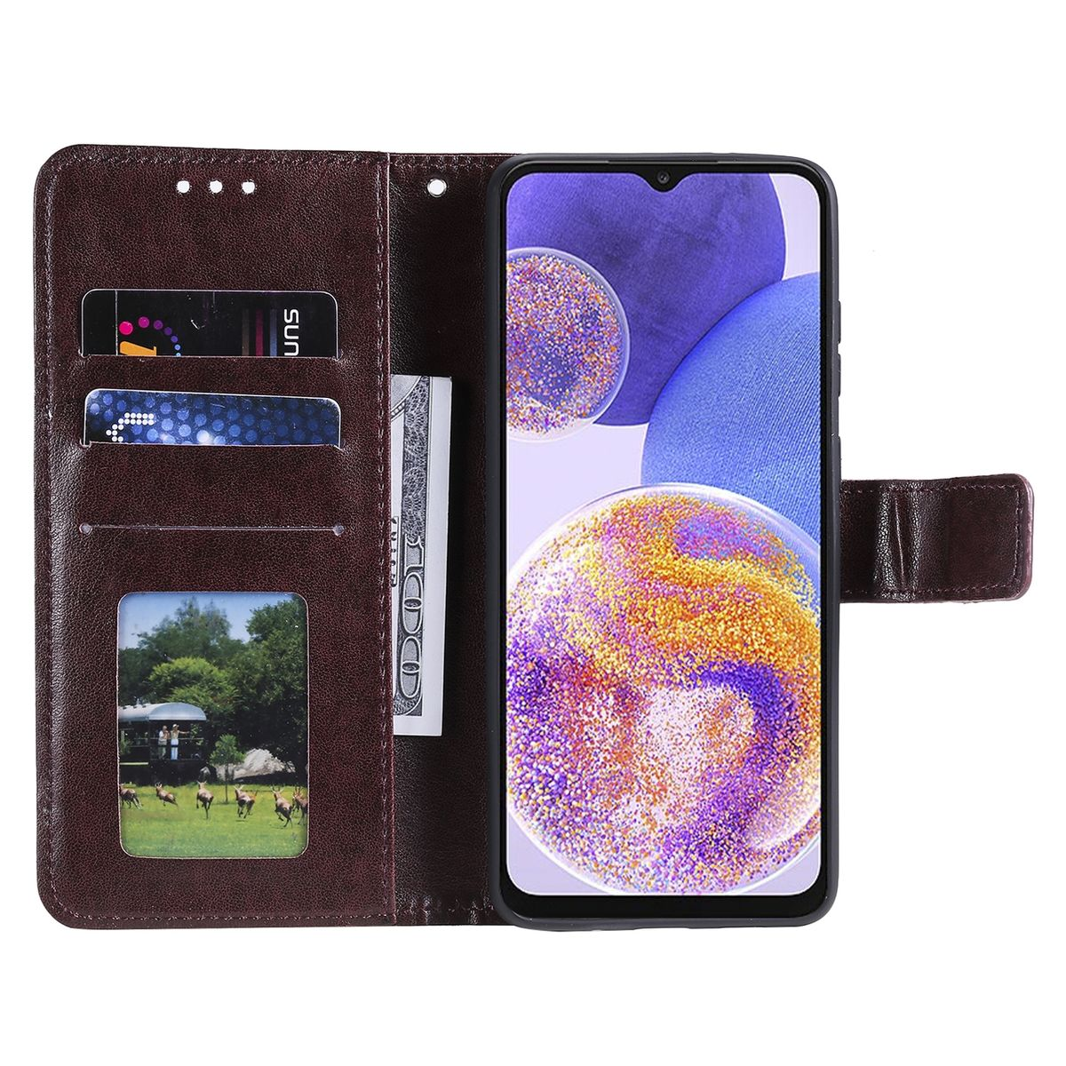 Geöffnete braune Handyhülle mit Telefon, Karten und Geld. Das Telefon zeigt Gelb und Lila.