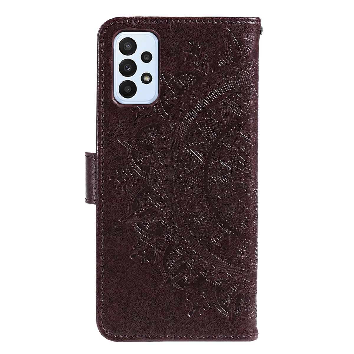 Braune Handyhülle mit einem Mandala-Design. Das Telefon ist nicht im Etui.
