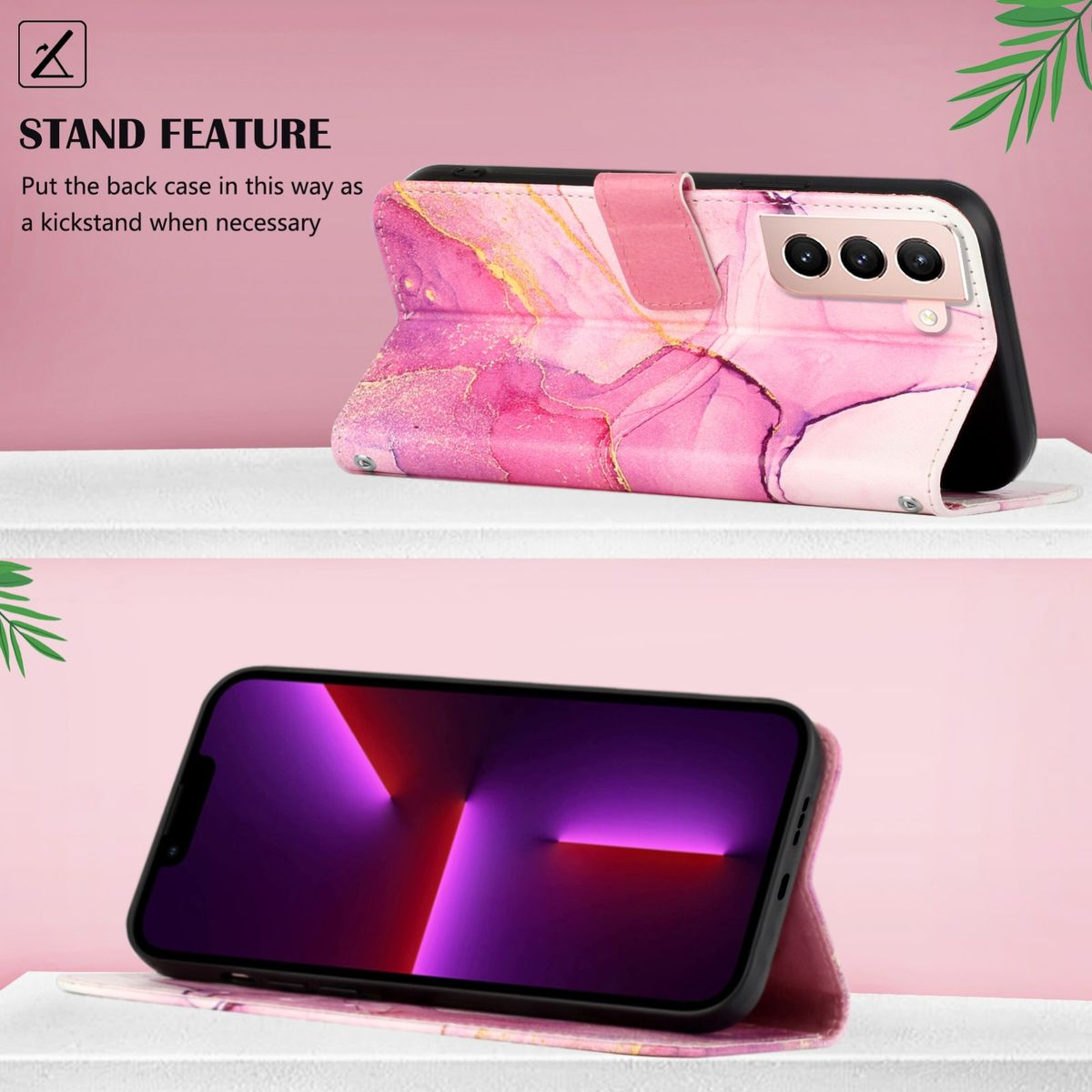 Telefon in rosa Marmor-Handyhülle, in Ständerposition auf rosa Hintergrund.