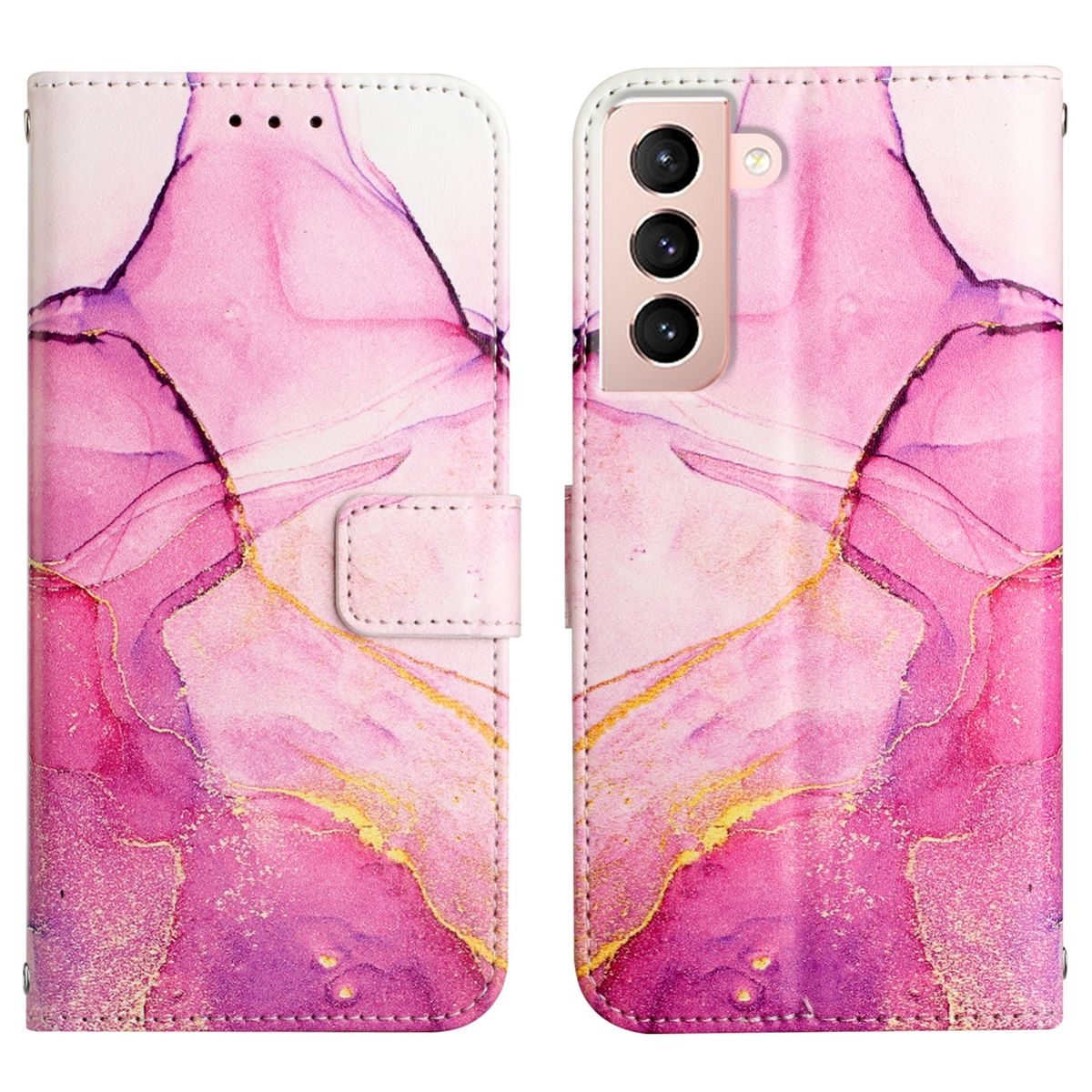 Geöffnete Handyhülle mit pinkem Aquarelldesign. Die Hülle ist offen, das Telefon ist nicht sichtbar.