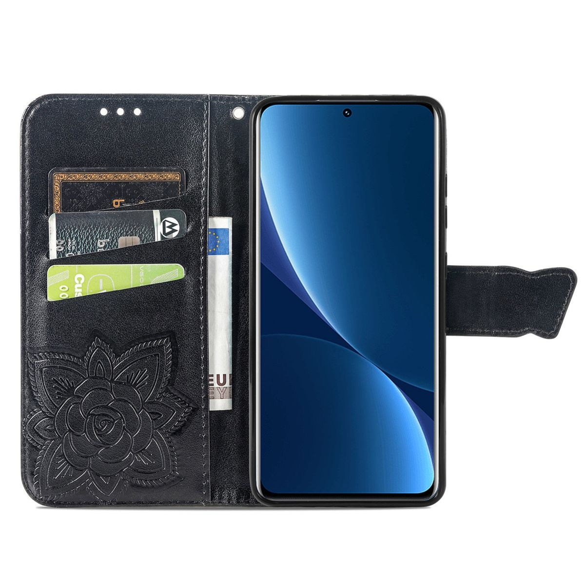 Schwarzes Leder-Handycase mit Blumendesign. Karten und Geld sind im Inneren mit dem Telefon.