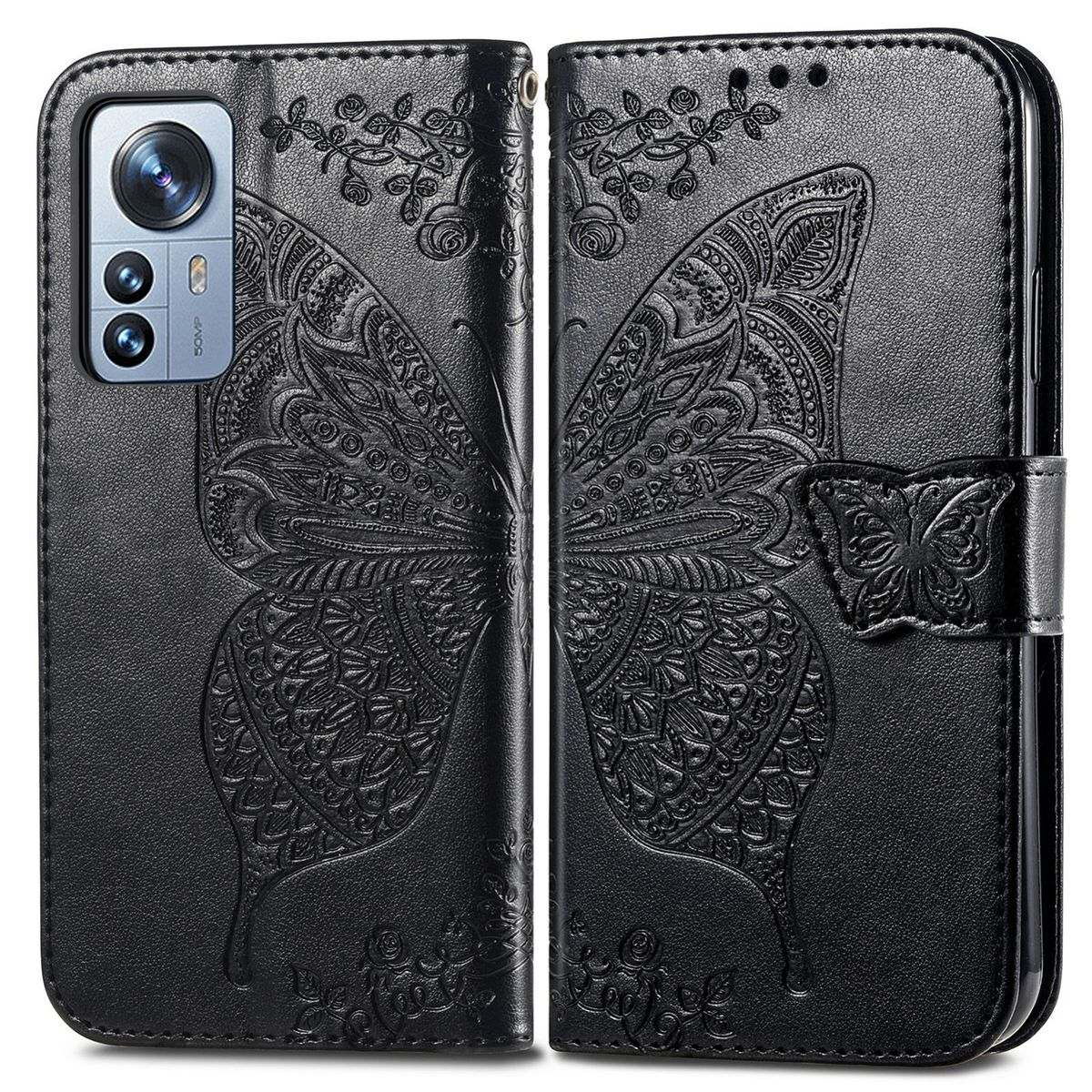 Schwarze Handyhülle mit Schmetterlingsdesign. Telefon hat Kamera. Der Hintergrund ist weiß.
