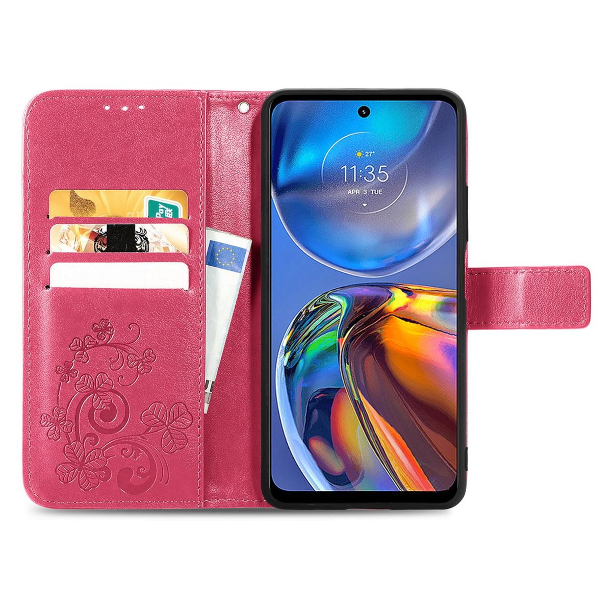 Offene pinkfarbene Handyhülle mit Karten und Telefon innen. Blumendesign auf der linken Seite.