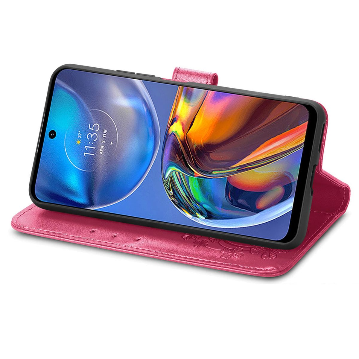 Rosa Handyhülle, offen, mit einem Telefon. Das Telefon zeigt die Uhrzeit 11:35. Mit Blumendesign.