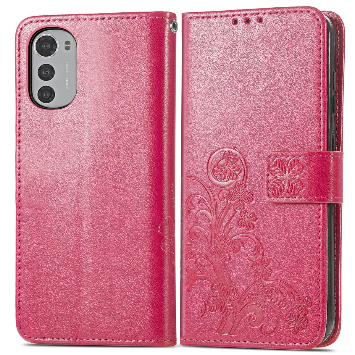 Rosa Handyhülle offen. Telefon innen. Blumenmuster auf der rechten Seite.