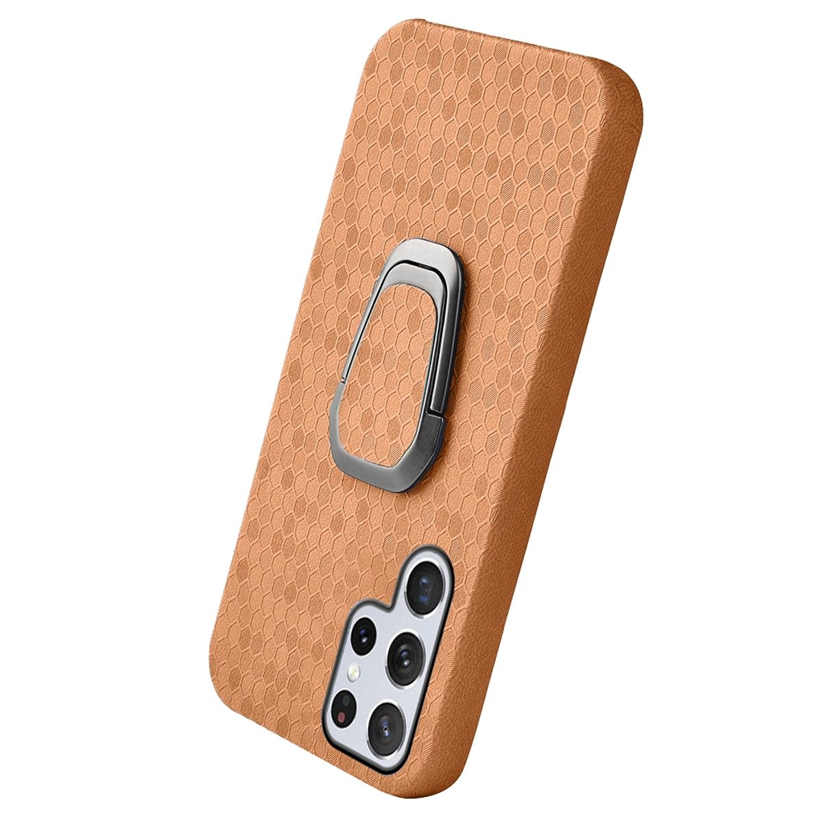 Orangefarbene Handyhülle mit Ringhalter. Das Telefon hat eine Kamera auf der linken Seite.