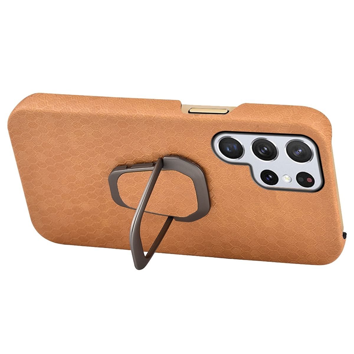 Eine braune Handyhülle mit einem Ringständer auf der Rückseite. Das Telefon hat mehrere Kameras.