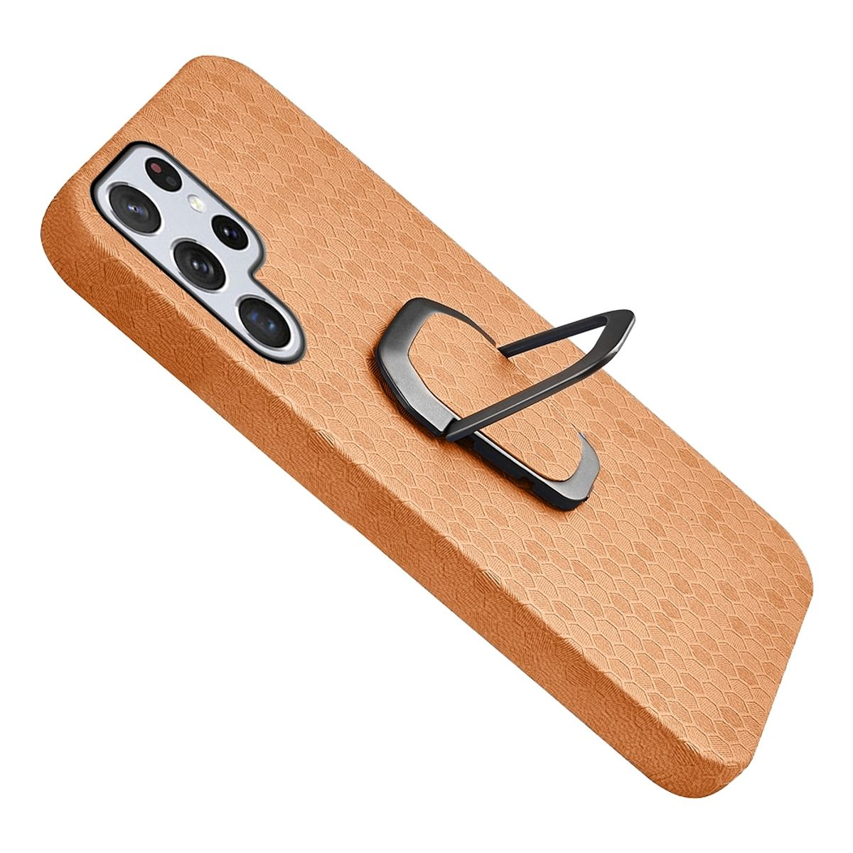 Orangefarbene Handyhülle mit einem Ringhalter auf der Rückseite. Schräge Ansicht. Braune strukturierte Oberfläche.