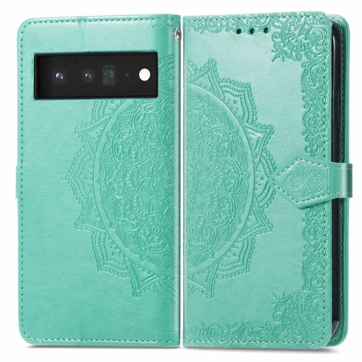 Türkisfarbene Handyhülle mit Mandala-Design. Geöffnet, Telefon zeigend. Hintergrund ist weiß.
