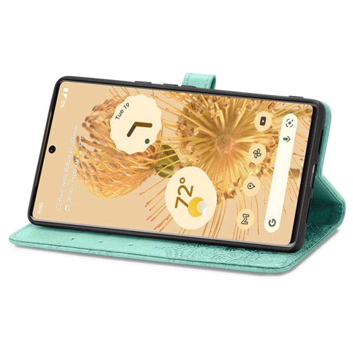 Grüne Handyhülle mit einem Telefon. Das Telefon zeigt Zeit und Wetter an.