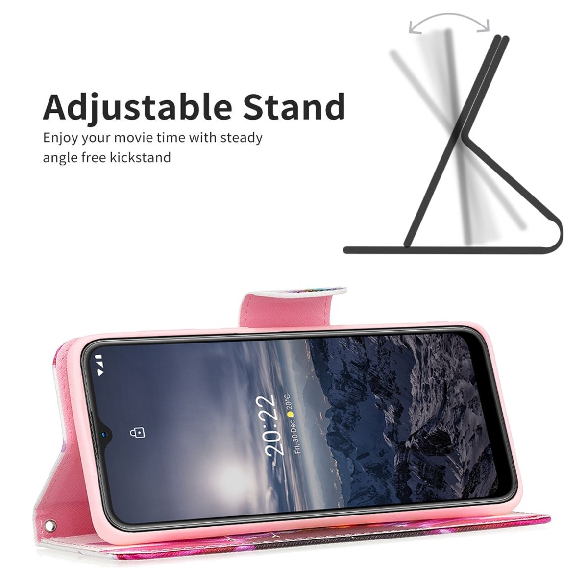 Rosa Handyhülle mit Telefon. Geöffnet, zeigt Bildschirm mit Bild.
