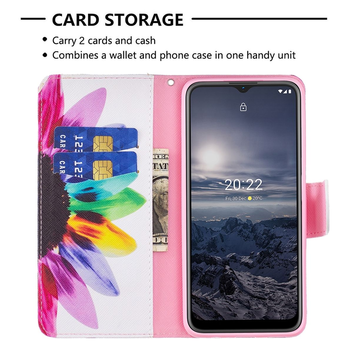 Rosa Handyhülle. Geöffnet, mit Karten, Geld und Telefon. Telefon zeigt Zeit und Blumendesign.