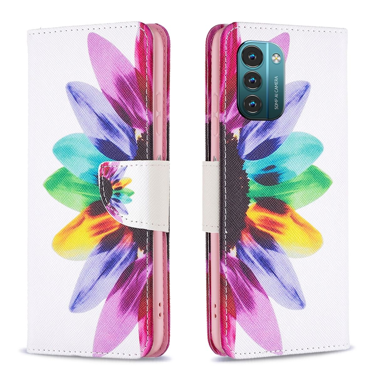 Weiße Handyhülle mit farbenfrohem Blumendesign. Die Hülle ist offen, und ein Telefon ist darin.