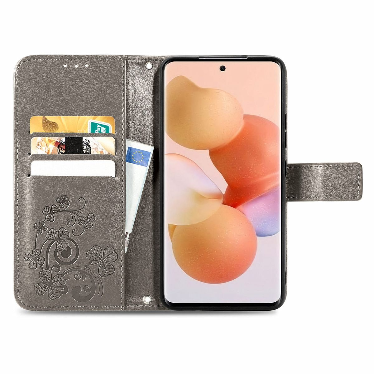 Graue Handyhülle geöffnet. Enthält Karten, Bargeld und ein Telefon. Blumendesign auf der linken Seite.