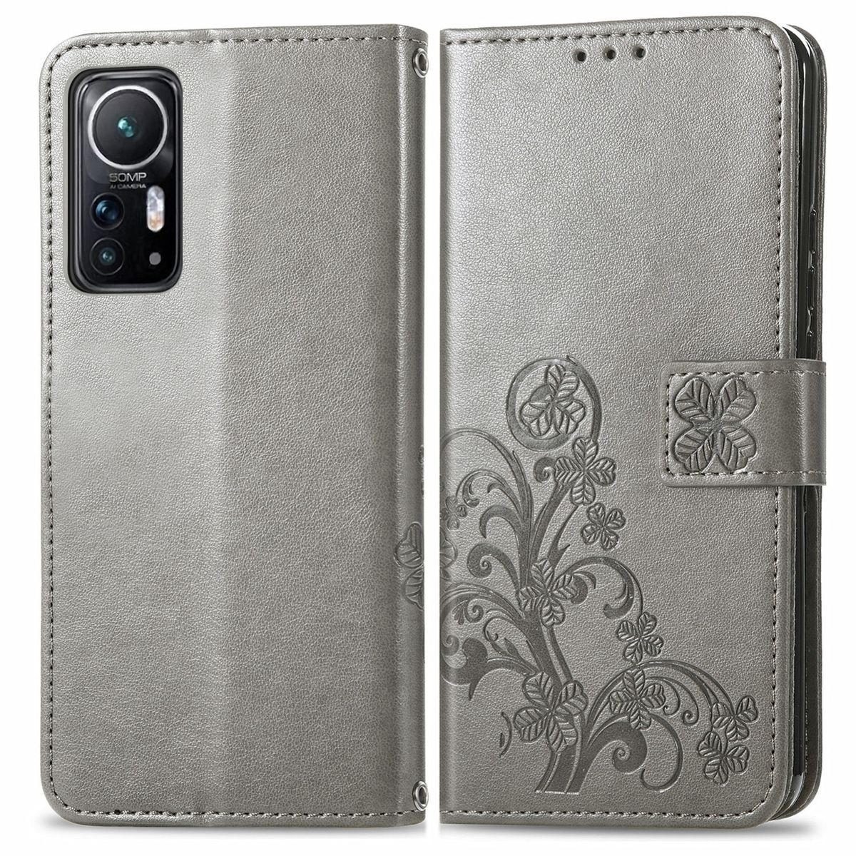 Graue Handyhülle mit floralem Design. Telefon im Blick, offen. Grauer Hintergrund.