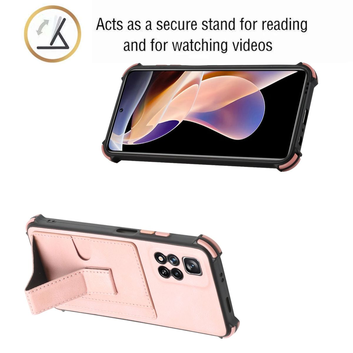 Rosa Handyhülle mit Ständer, zeigt ein Telefon. Die Hülle hat Kartenfächer auf der Rückseite.