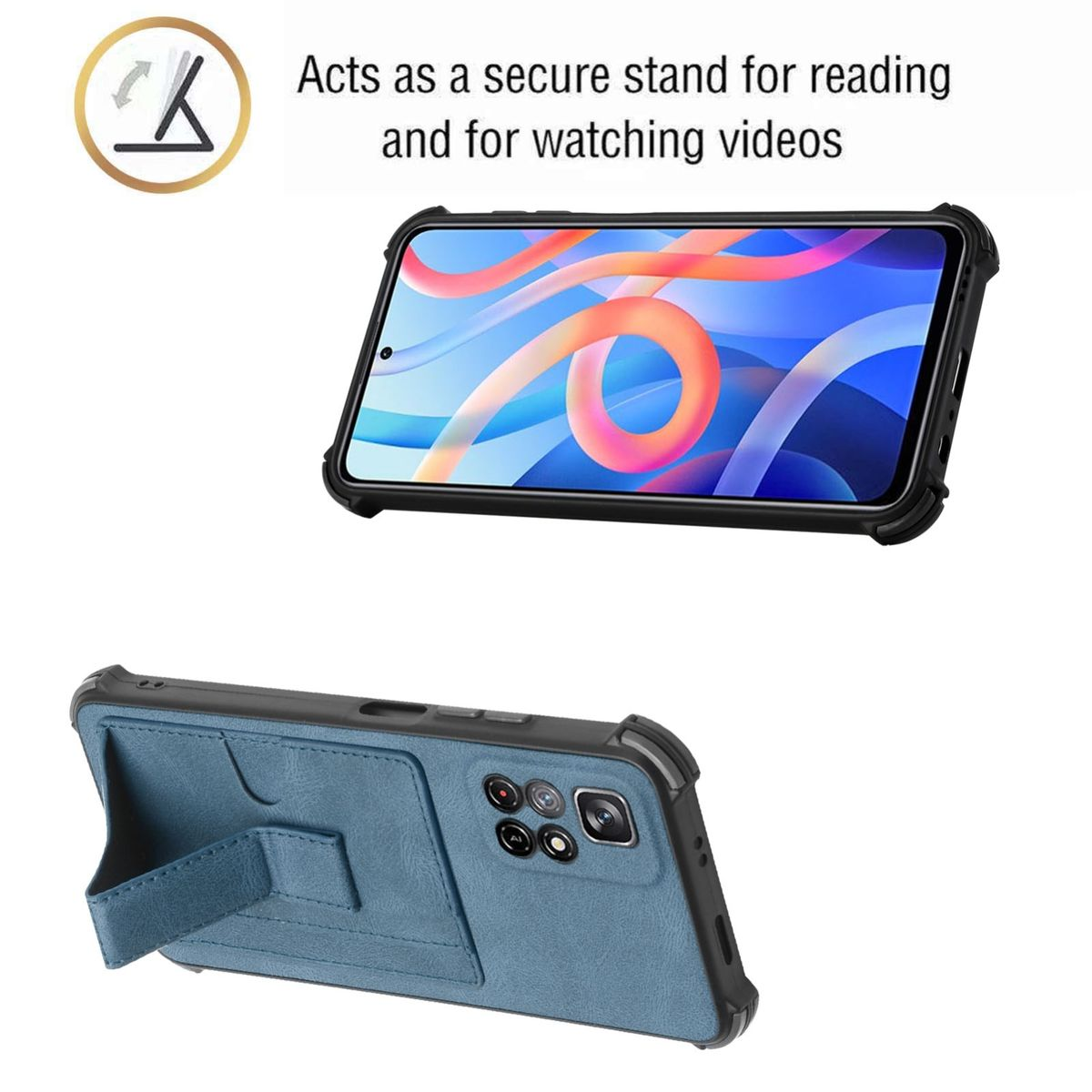 Ein Telefon in einer Hülle, kann als Ständer verwendet werden. Die Hülle ist blau, mit Telefonständer.