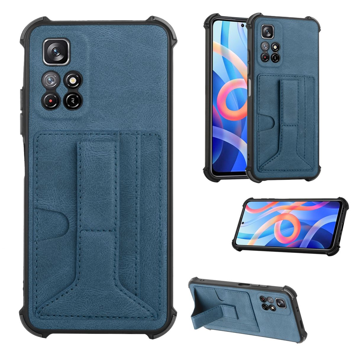 Blaue Handyhülle mit Kartenfach und Telefon. Mehrere Ansichten der Hülle und des Telefons werden gezeigt.