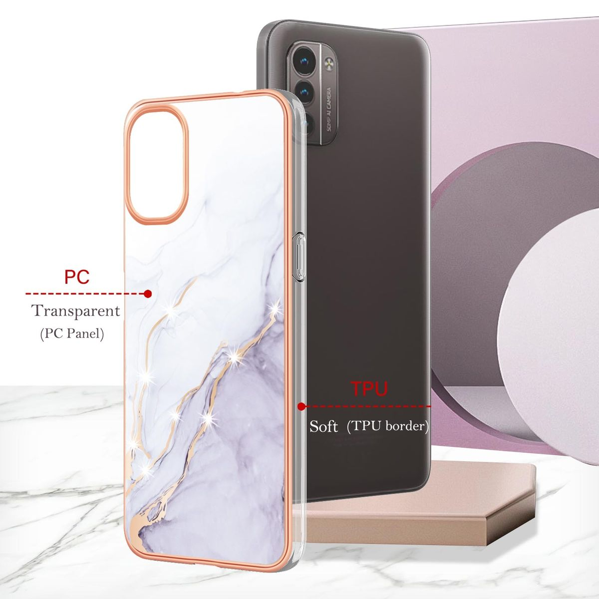 Transparente Handyhülle mit Marmordesign. Die Hülle ist PC und TPU. Das Telefon ist schwarz.