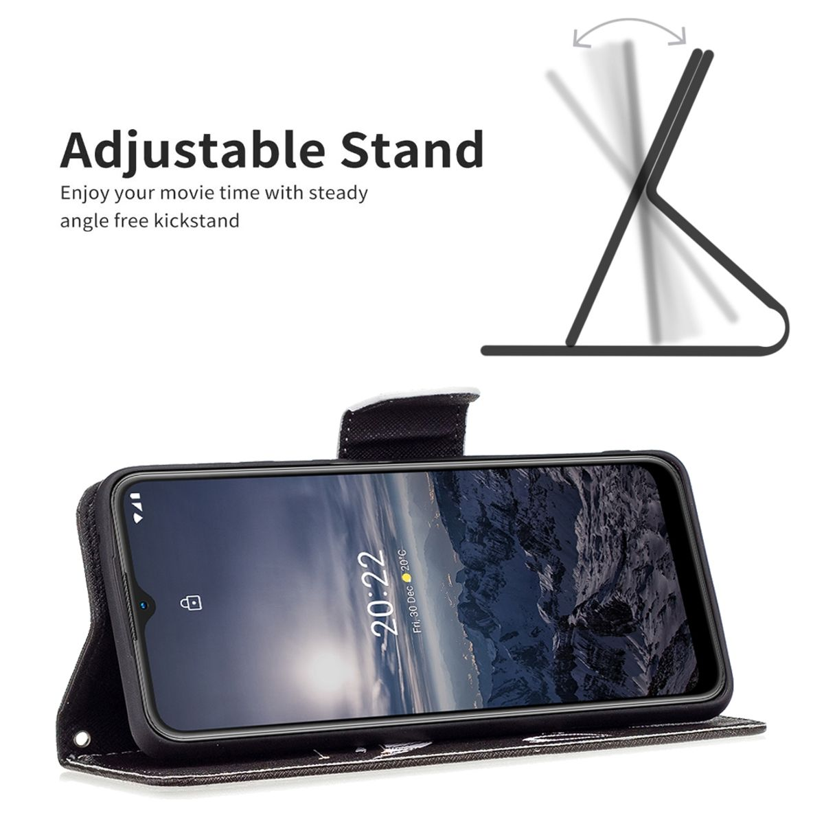 Telefon in einer Hülle mit verstellbarem Ständer. Text lautet 'Verstellbarer Ständer' und 'Genießen Sie Ihre Filmzeit'.