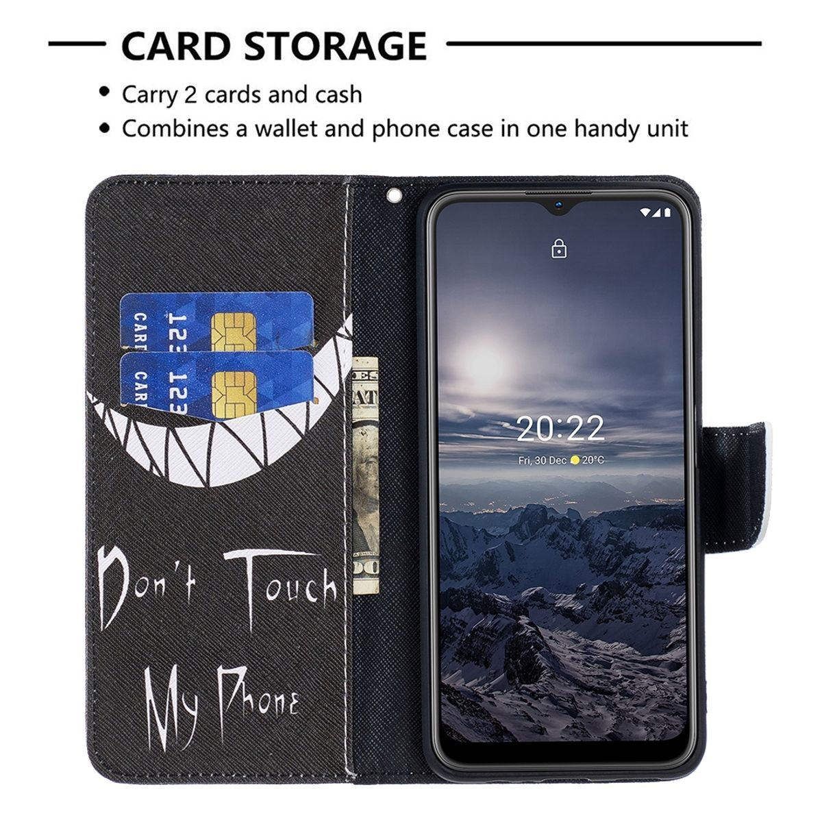 Schwarze Handyhülle mit Telefon. Geöffnet, zeigt Karten und Telefon mit Text.
