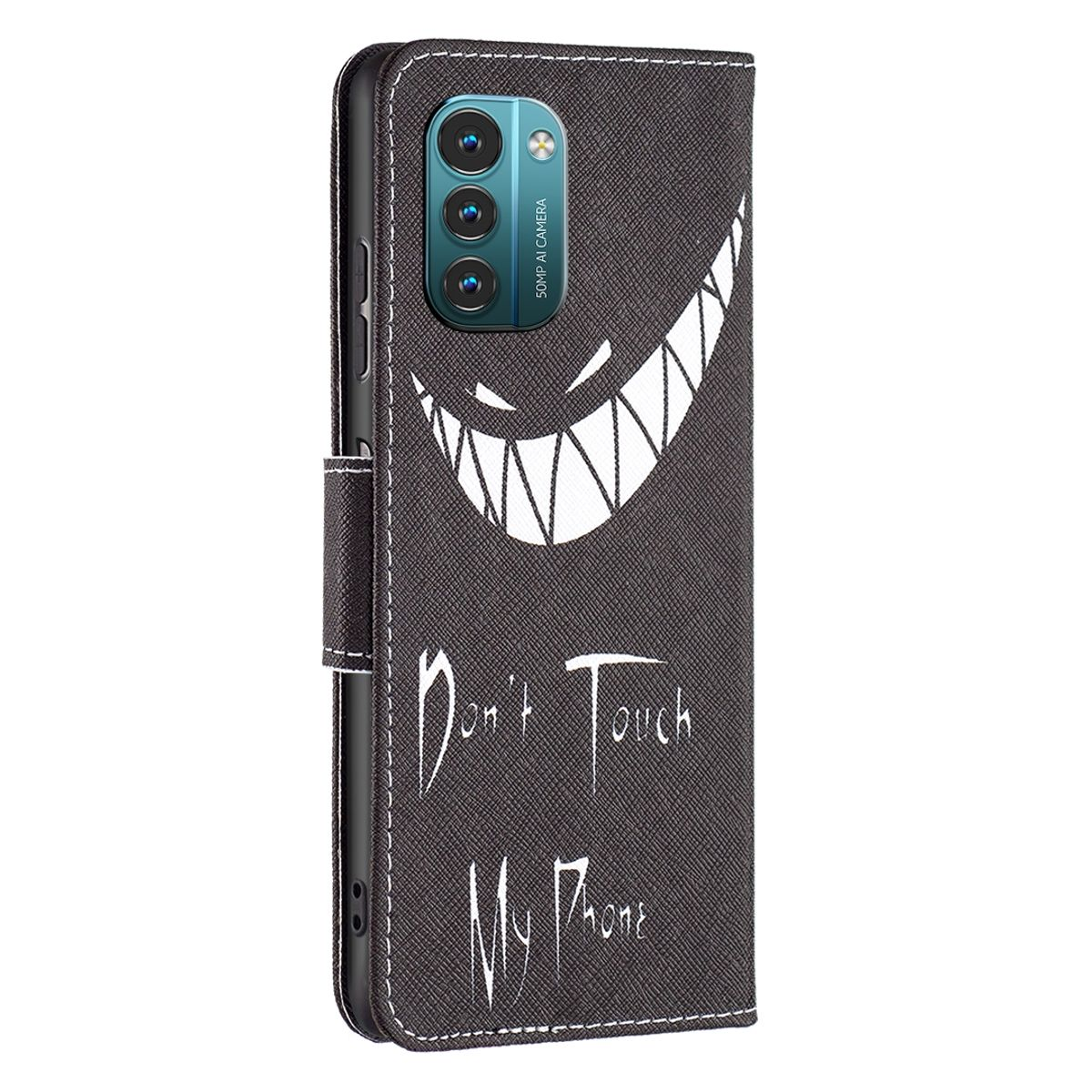 Schwarze Handyhülle mit weißem grinsendem Gesicht und den Worten "Don't Touch My Phone".