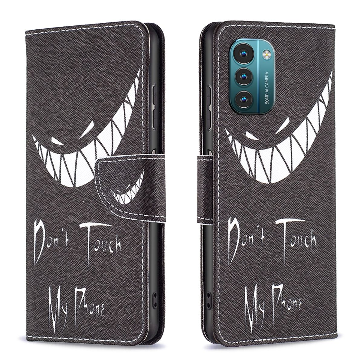 Schwarze Handyhülle mit gruseligem Gesicht. Der Text "Don't Touch My Phone" steht ebenfalls darauf.
