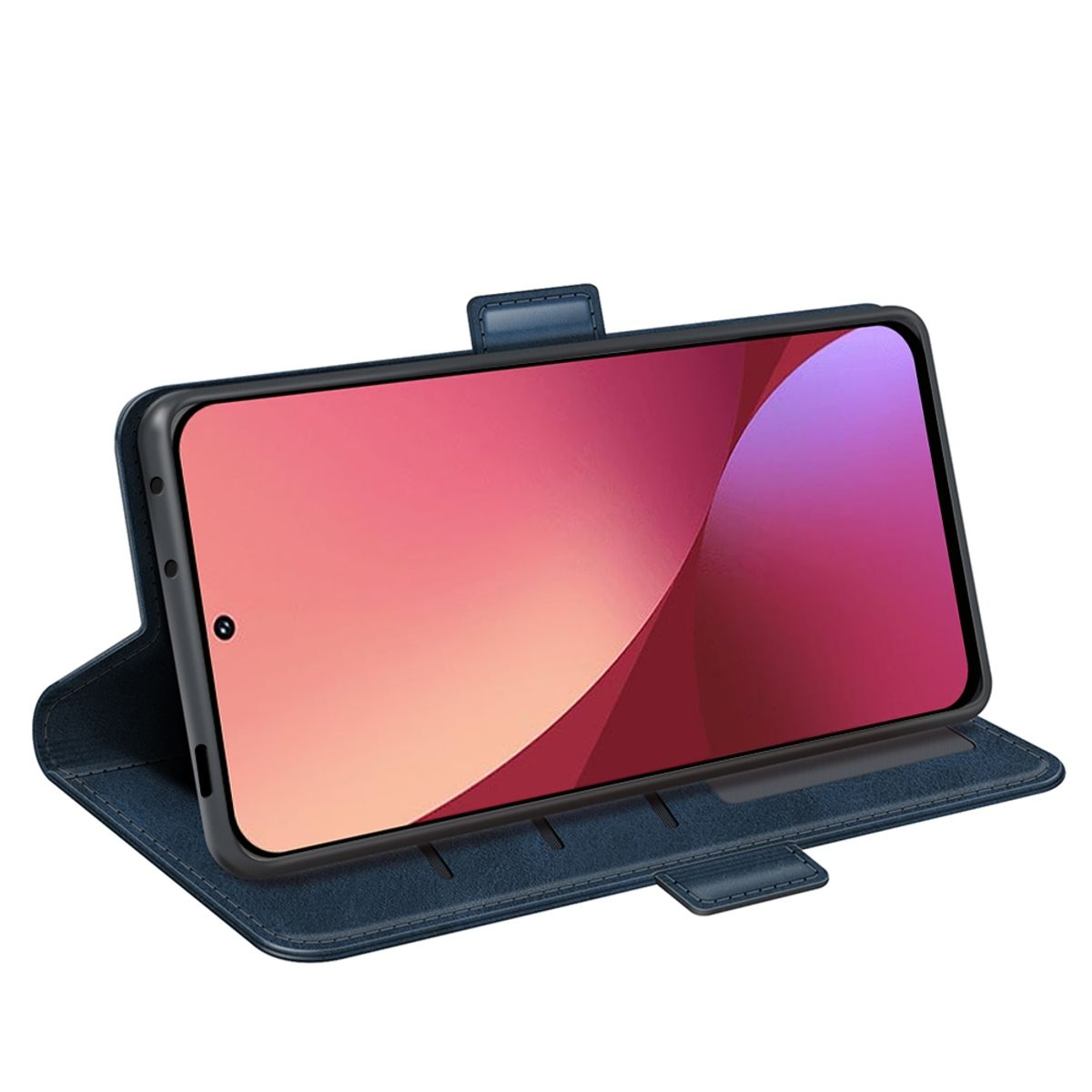 Offene blaue Handyhülle, Telefon mit Bildschirm. Zeigt ein farbenfrohes, abstraktes Bild.