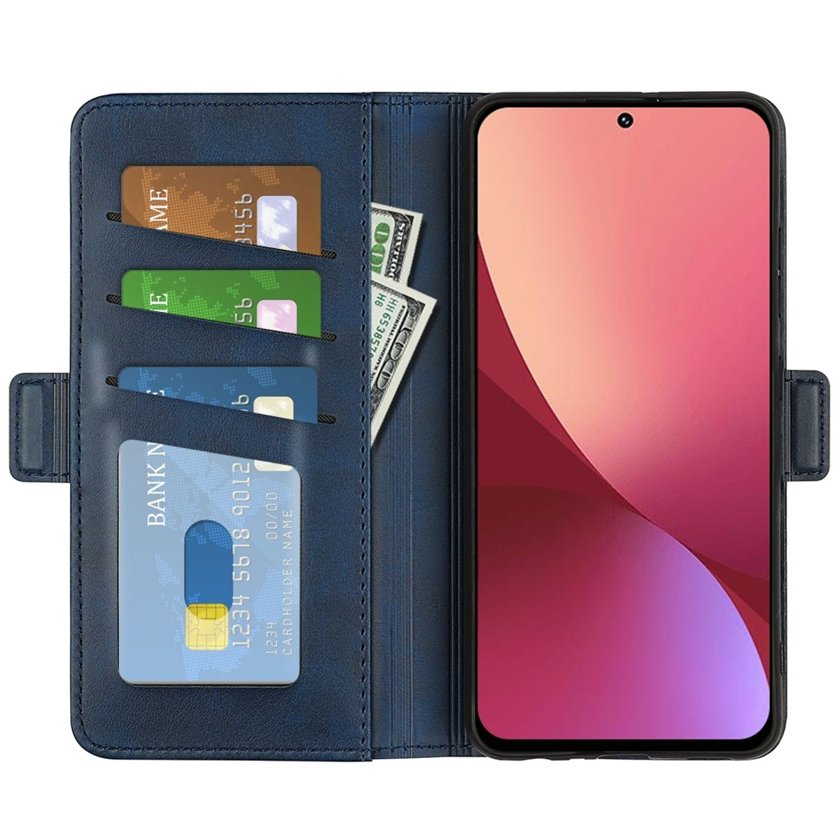 Blaue Handyhülle, offen, Telefon innen, mit Karten und Geld. Rote Telefonanzeige.